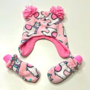 🔥5/$20 Pink fleece Lama hat with matching mitts